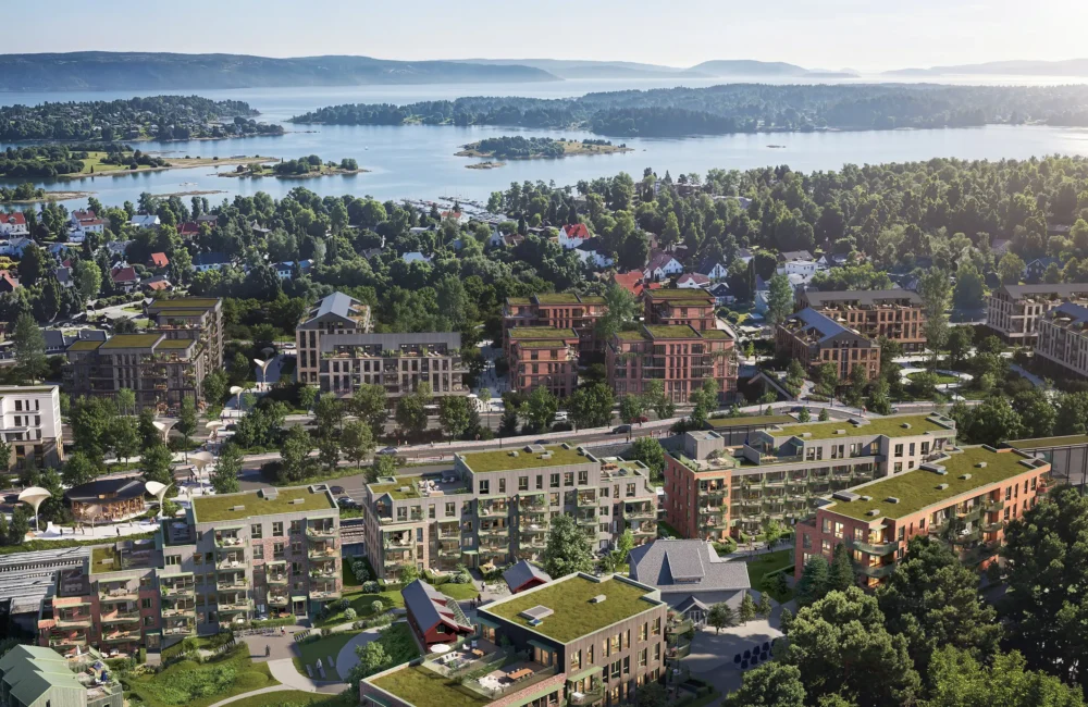 Visjonsbilde av Nye Høvik med E-18 i tunnel, ny bebyggelse og grøntområder i sør