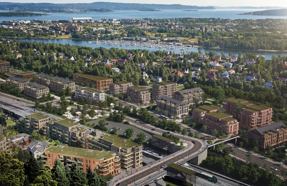 Visjonsbilde av Nye Høvik med E-18 i tunnel, ny bebyggelse og grøntområder i sør